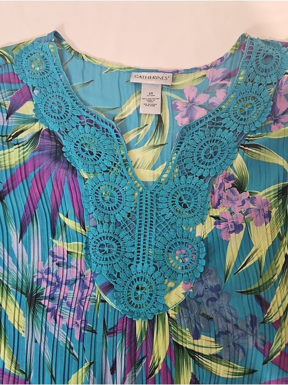 Catherines Plus Size 22-24W Teal Tropical Boho Tunic Crochet Lace Top XXL Summer - Picture 5 of 17